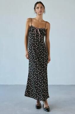 Urban Outfitters Kiss The Sky Black Floral Slit Bustier Cami Midi Slip Dress XS